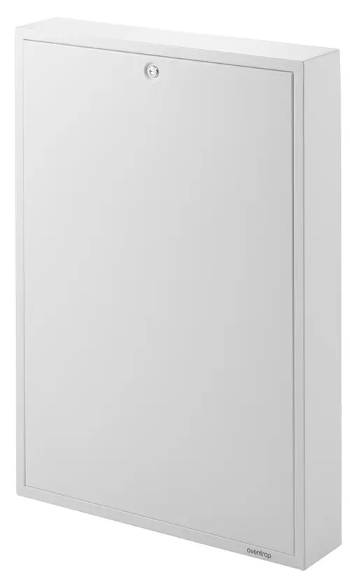 Weißes Gehäuse mit Tür und einem Schlüsselloch. Das Produkt von Oventrop ist für die Montage an der Wand vorgesehen und dient zum Schutz von technischen Geräten.